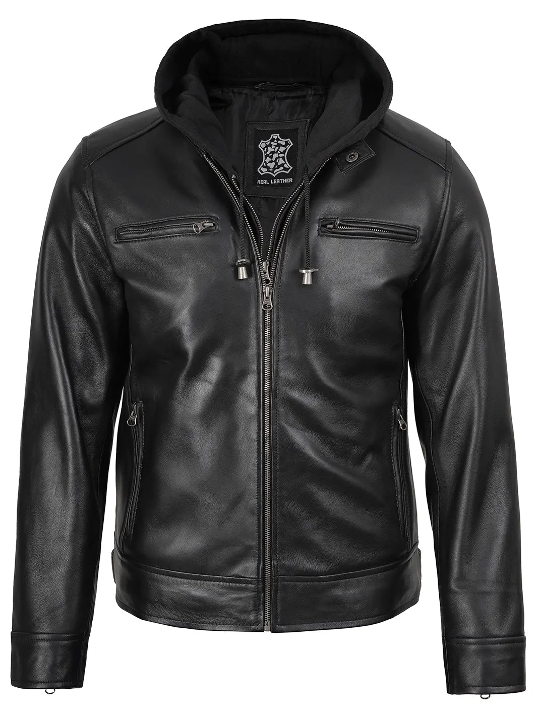 Black Cafe Racer Leather Jacket Mens Hooded