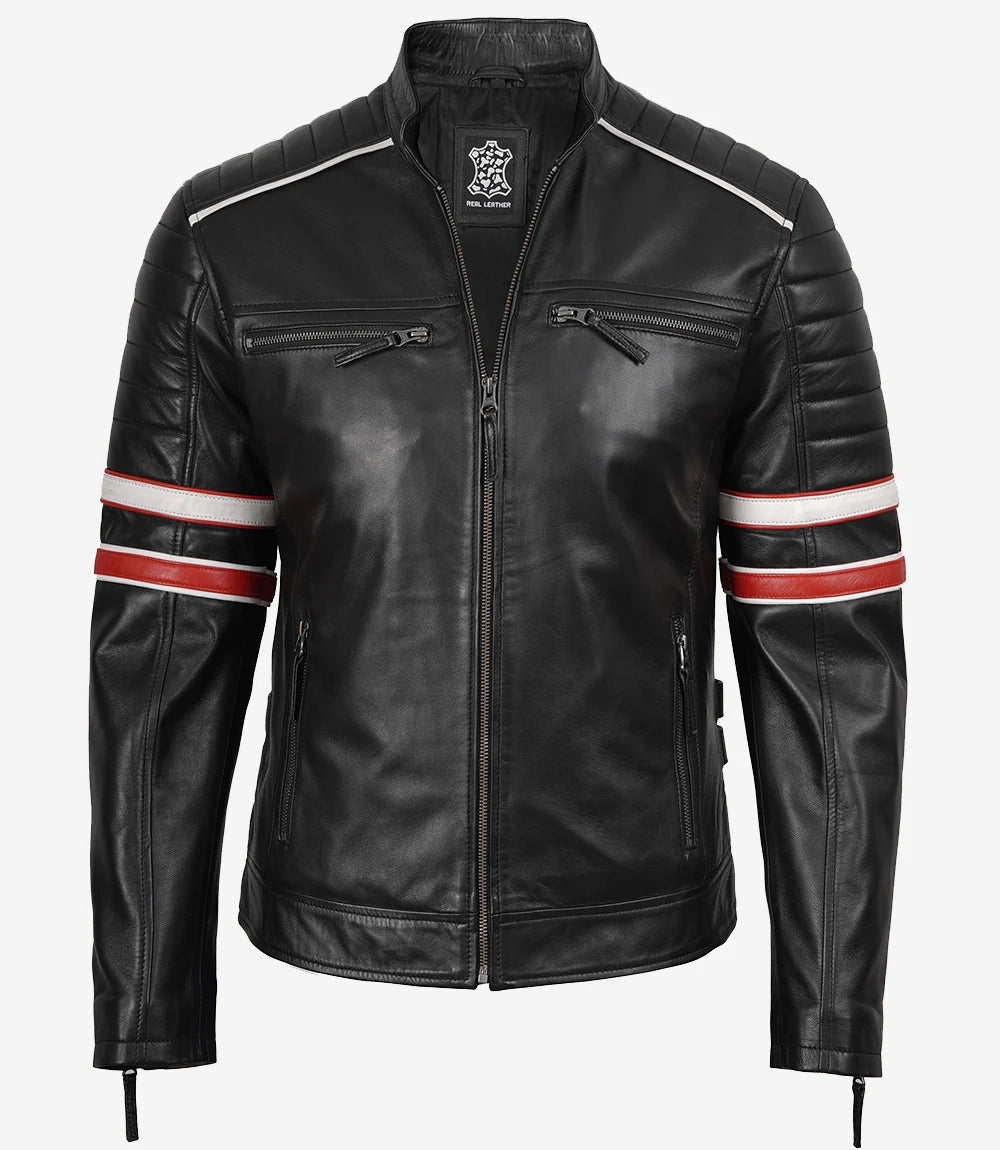 Black Cafe Racer Leather Jacket with Dual Stripes For Men