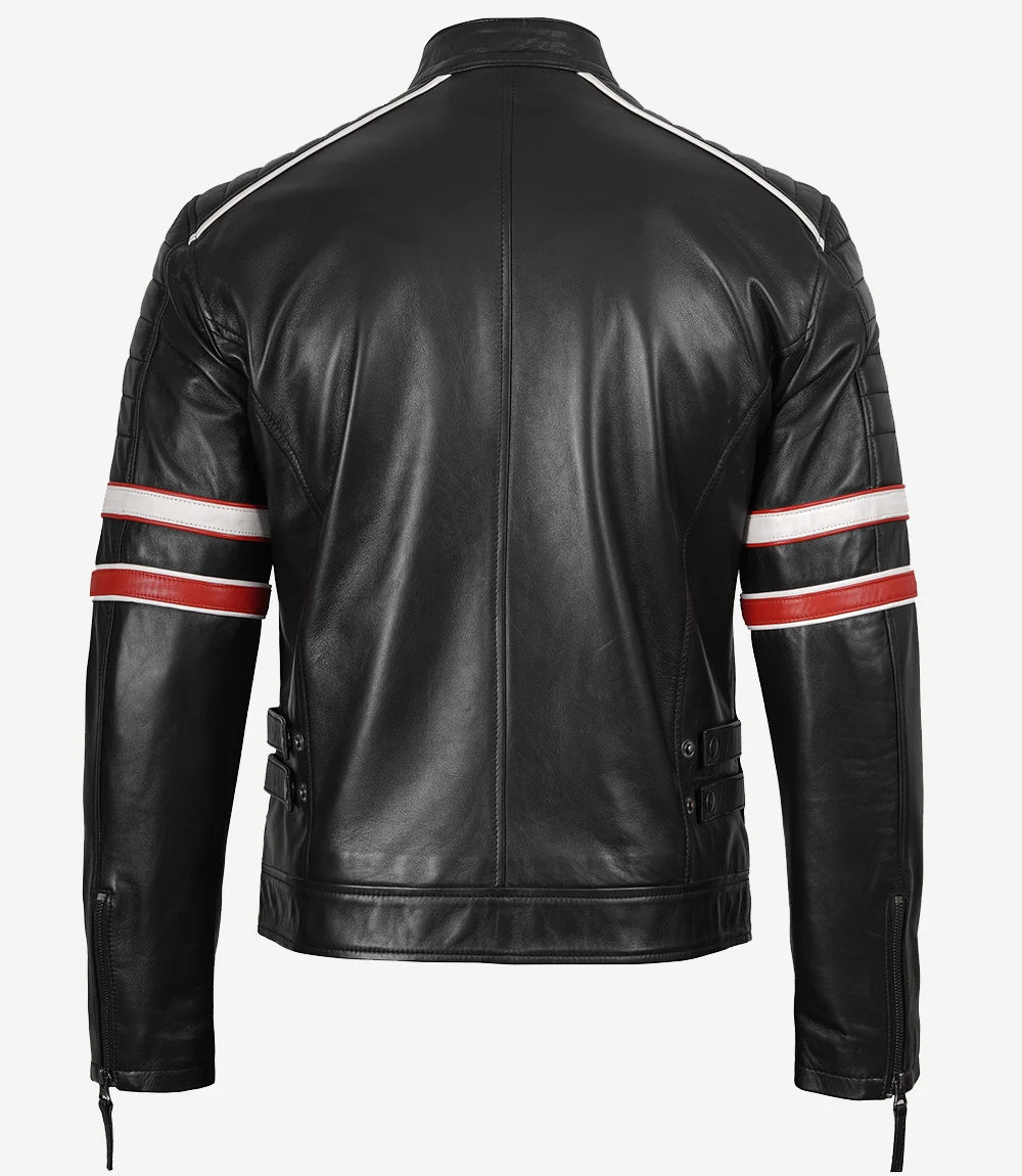 Black Cafe Racer Leather Jacket with Dual Stripes Mens