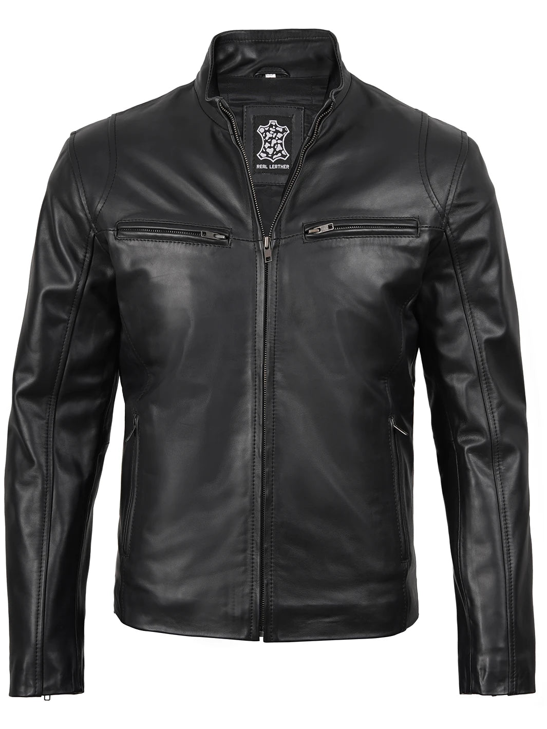 Black Cafe Racer Real Leather Jacket Mens