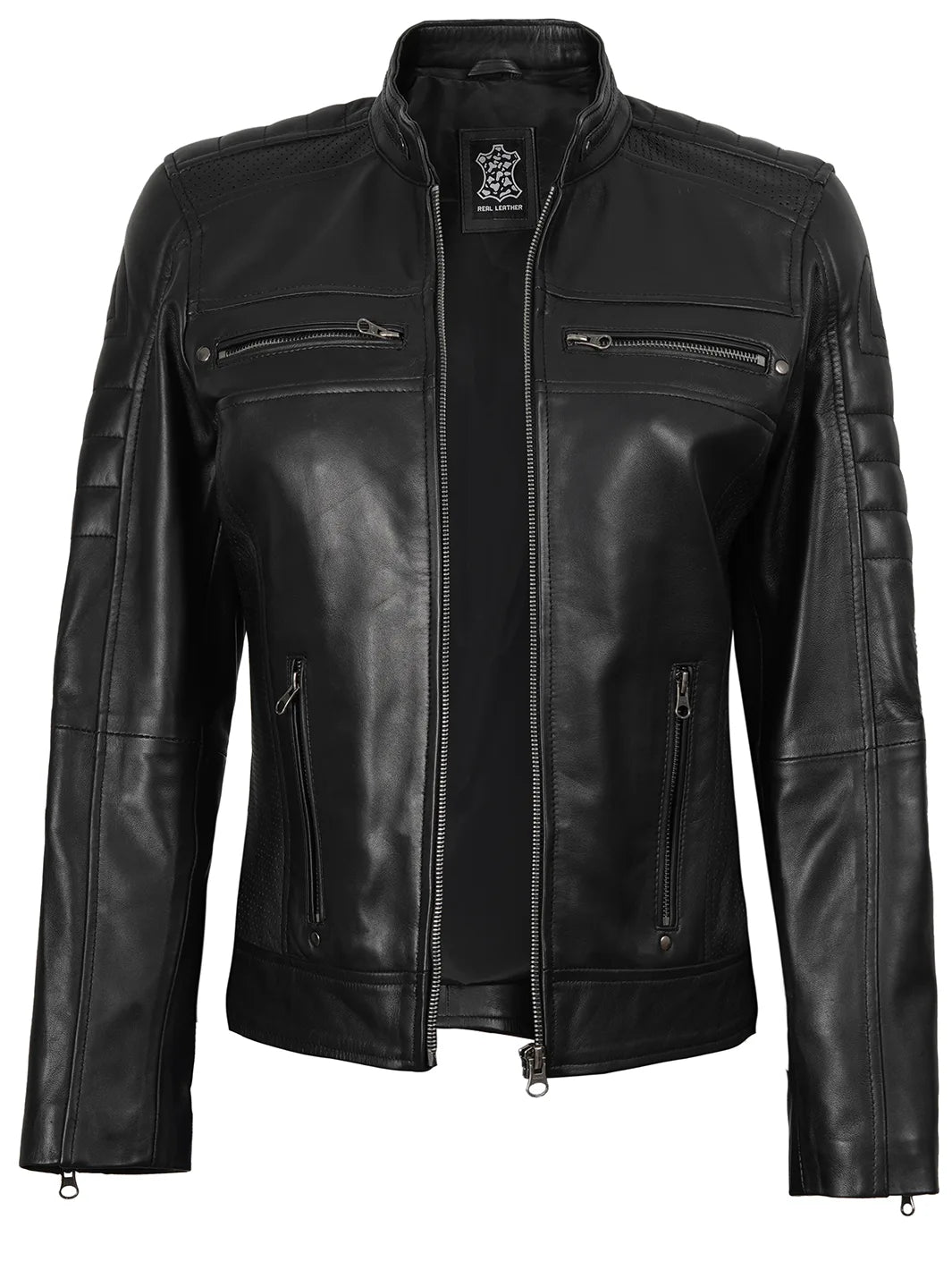 Black Cafe Racer Real Leather Jacket for Womens