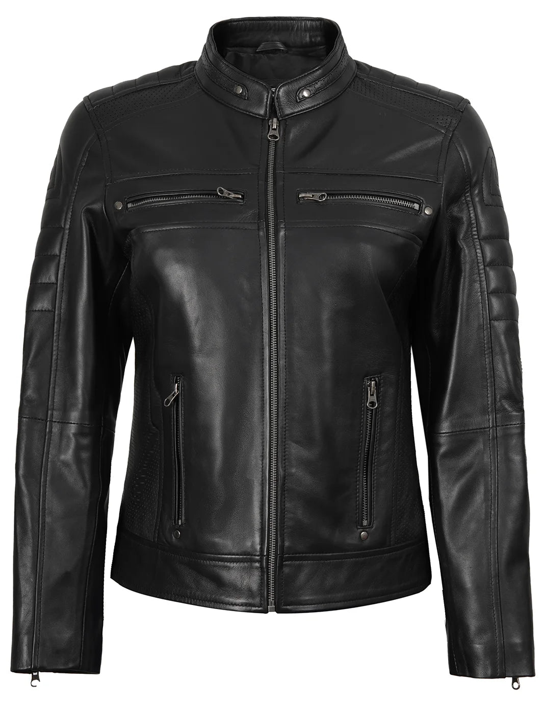Black Cafe Racer Real Leather Jackets for Womens