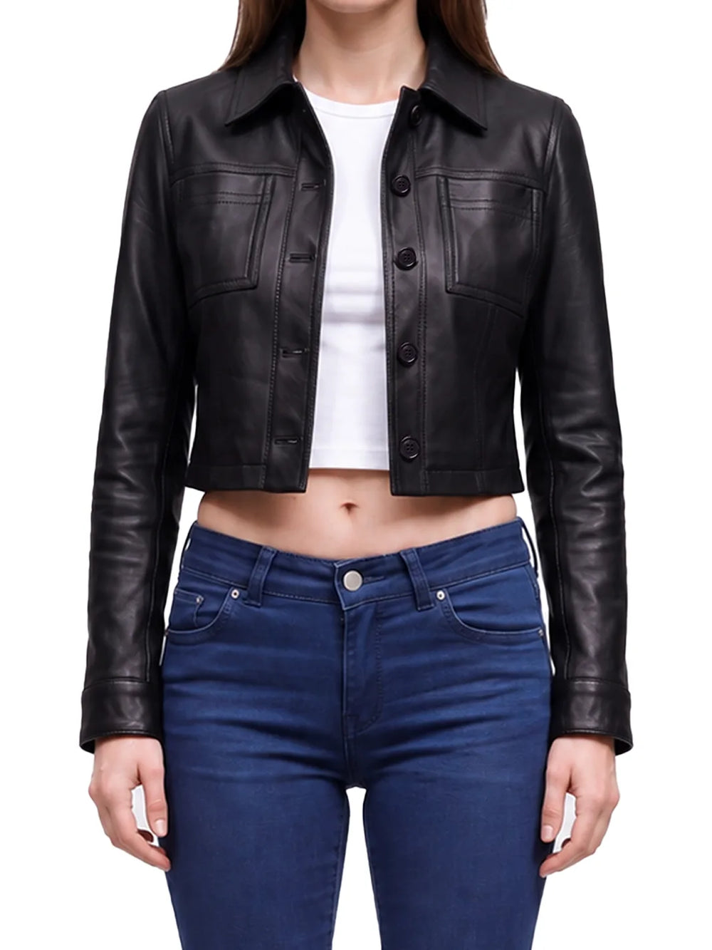 Black Cropped Harrington Leather Jacket Womens - Front