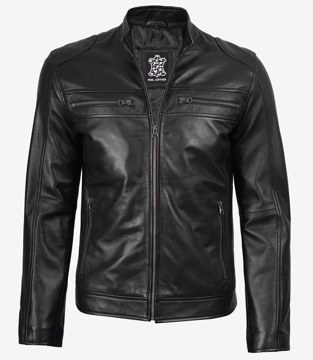 Black Lambskin Biker Leather Jacket For Men