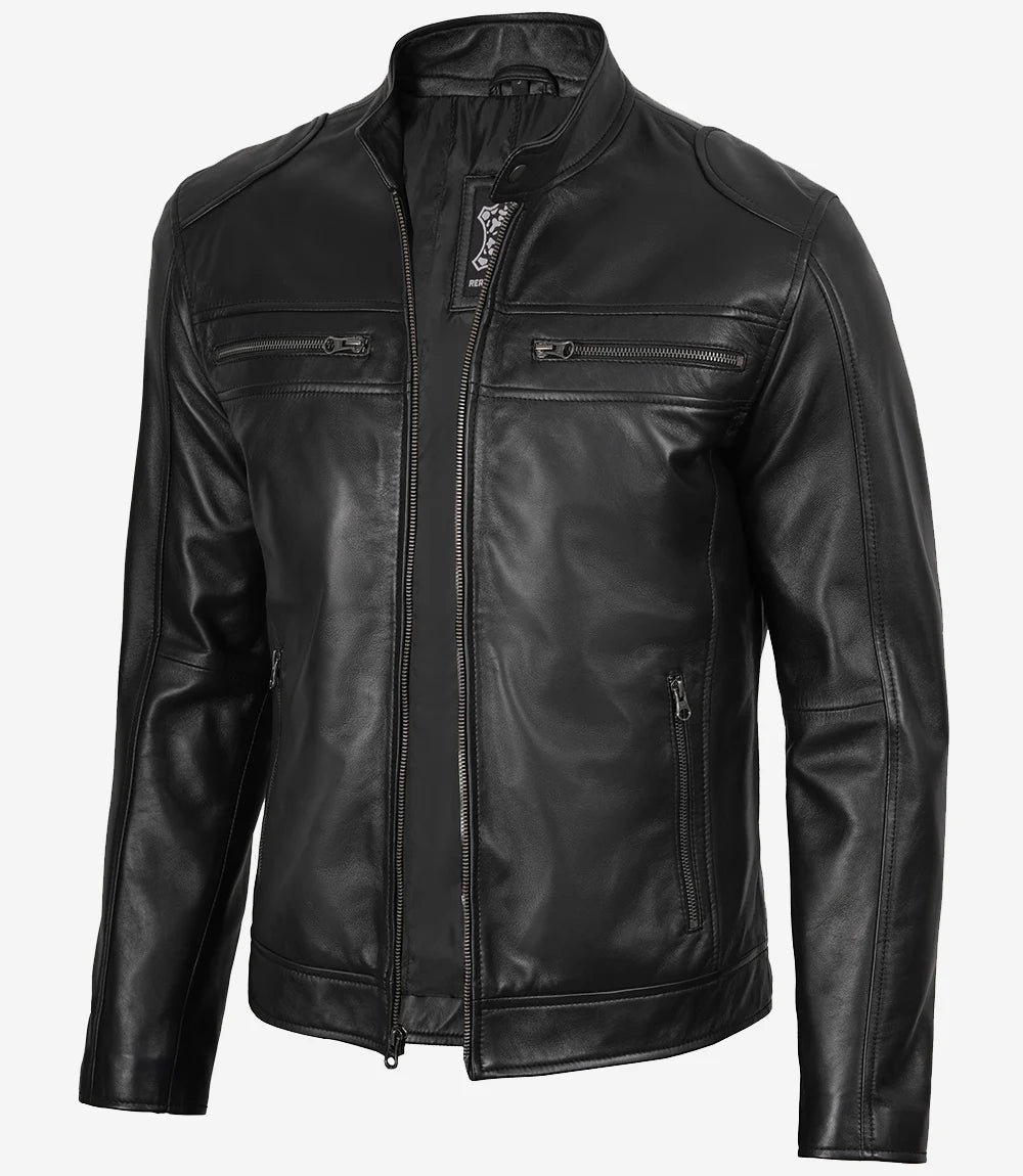 Black Lambskin Biker Leather Jacket Mens