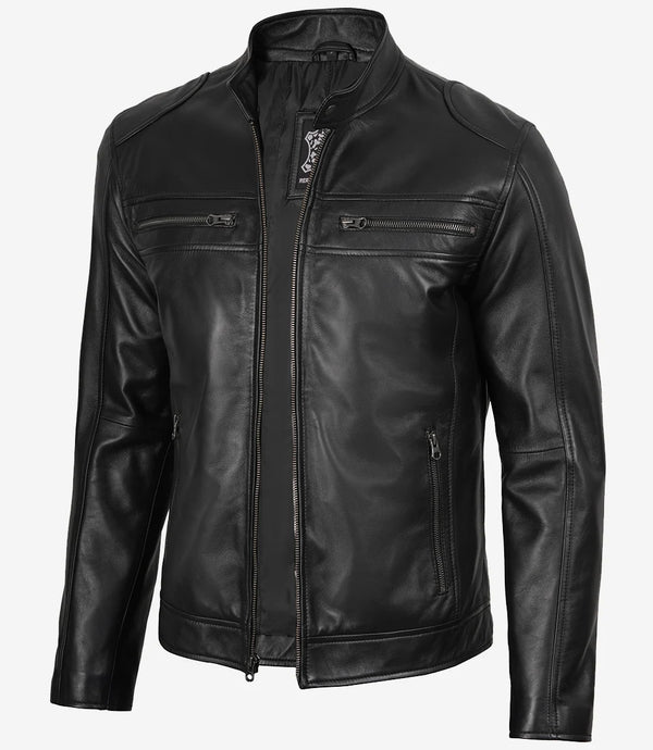 Black Lambskin Biker Leather Jacket Mens