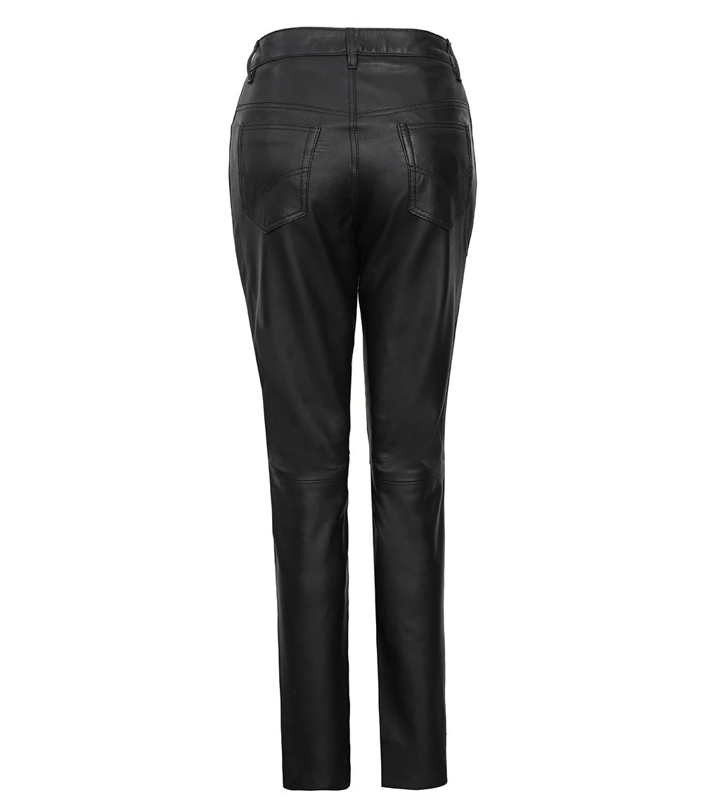 Women's Black High-Waisted Straight-Leg Leather Pants