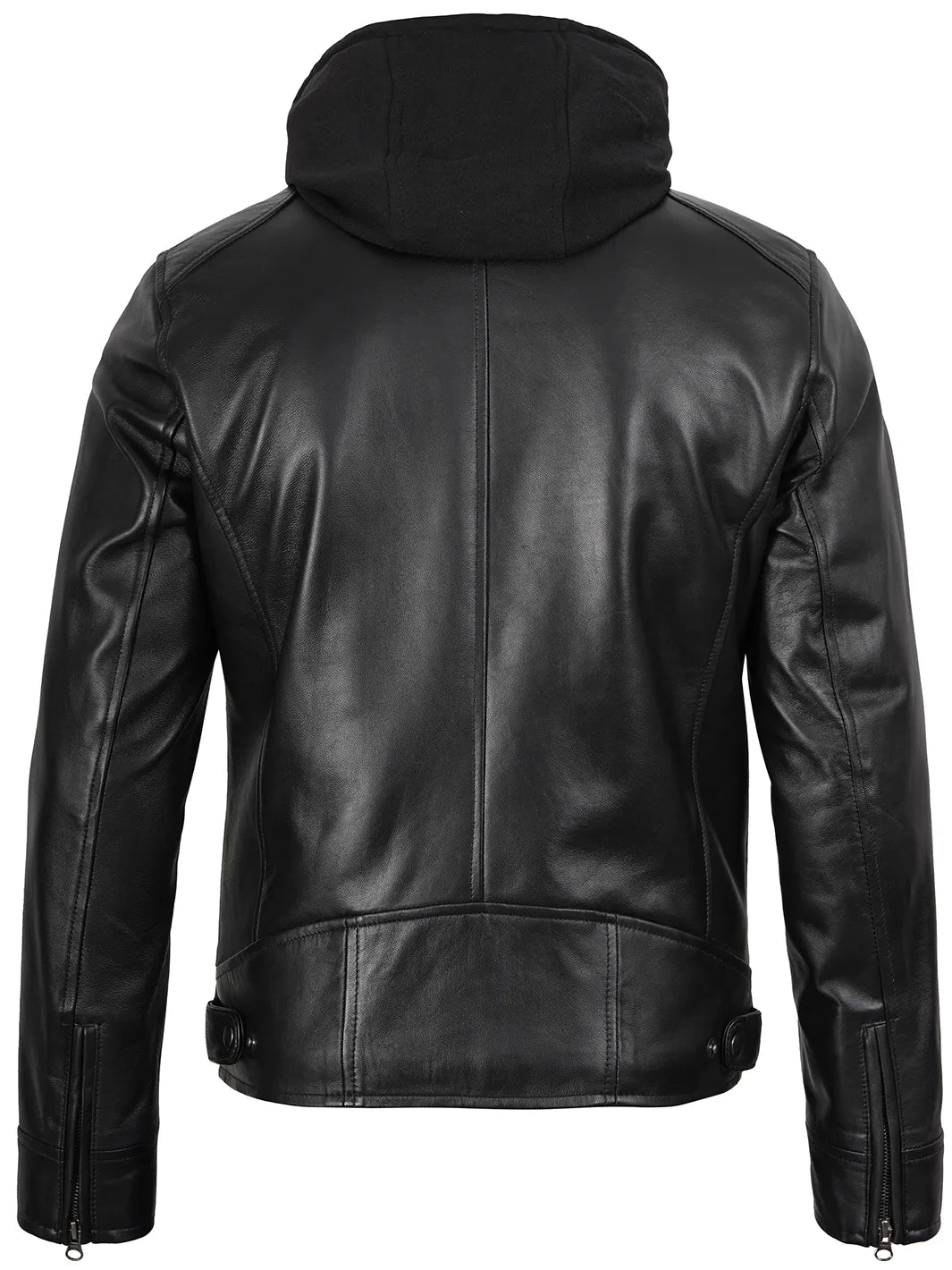 Black Moto Leather Jacket with Removable Hood Mens