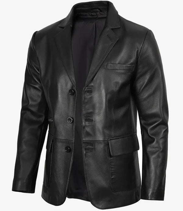 Black Three Button Mens Real Leather Blazer