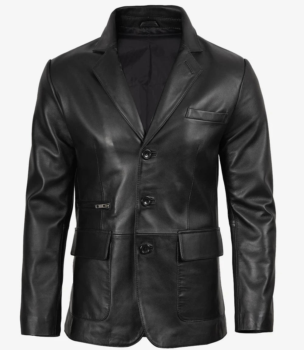 Decrum Men's Black Three Button Real Leather Blazer
