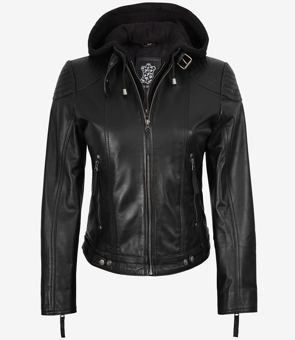 Black Womens Leather Jacket Hood