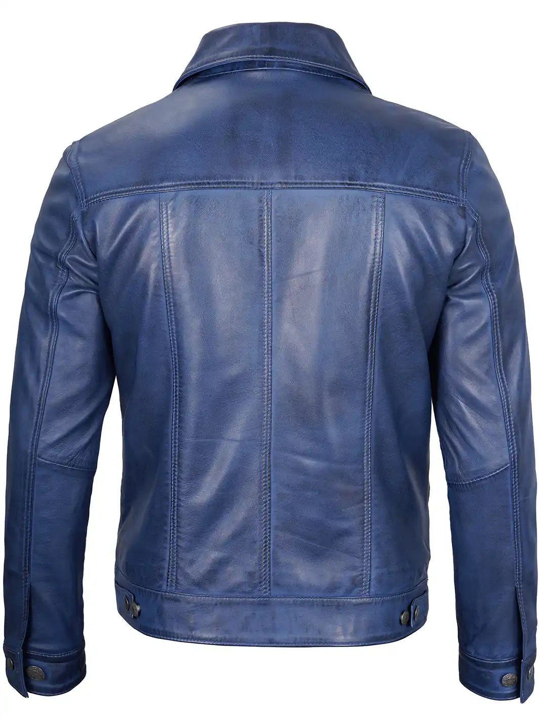 Blue wax leather trucker jacket