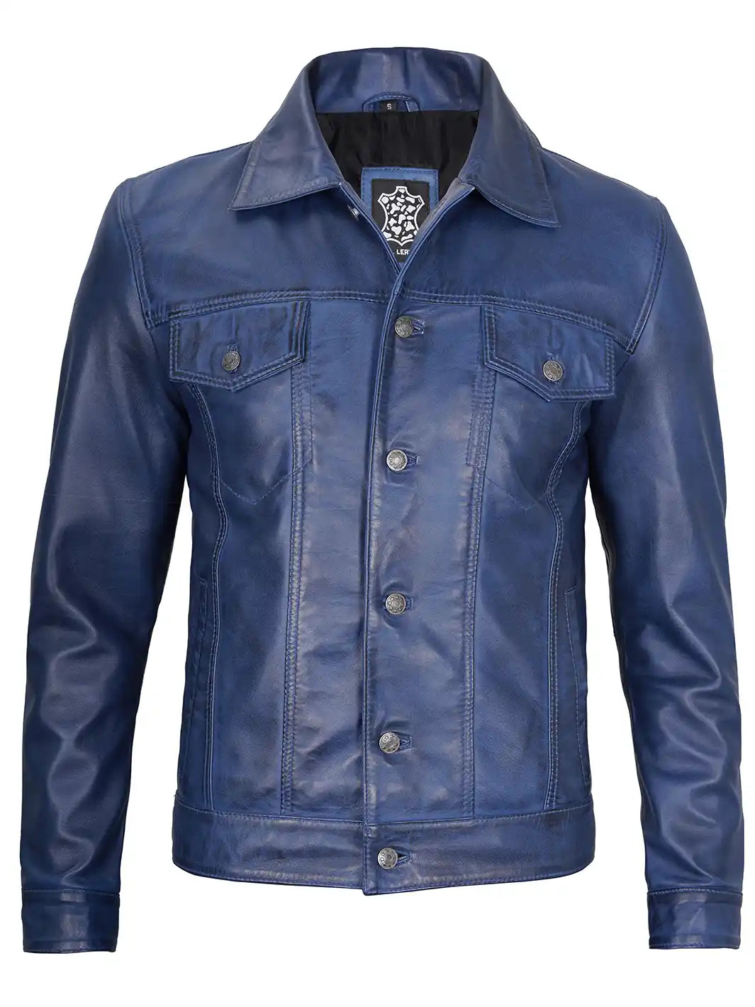 Blue wax trucker leather jacket