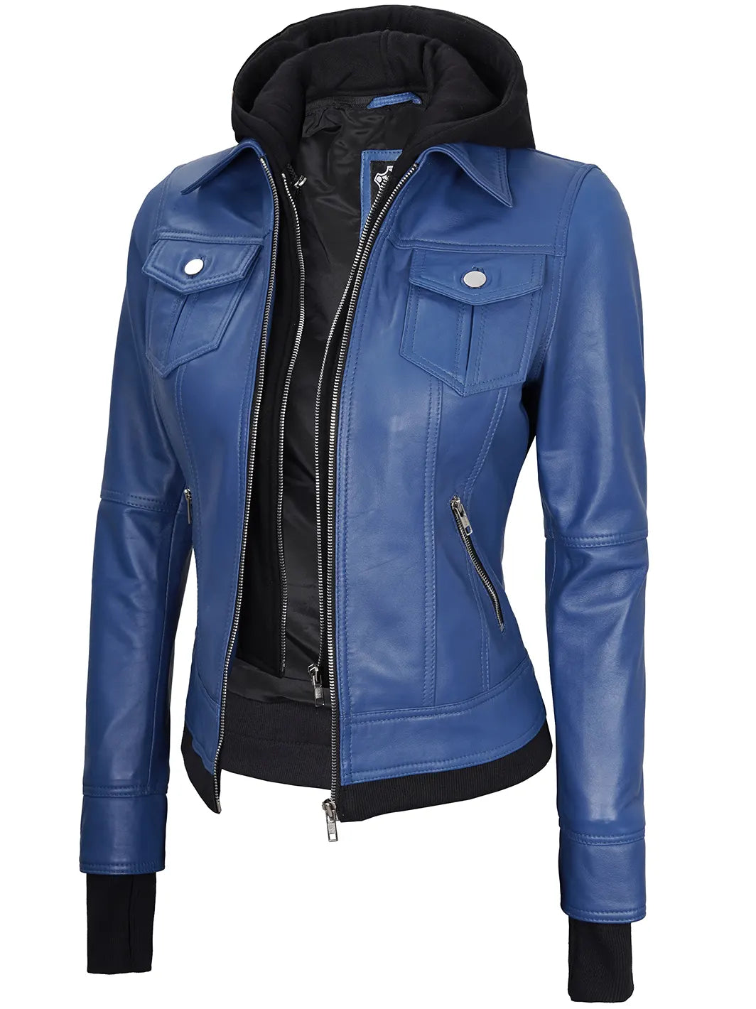 Blue hooded leather jacket