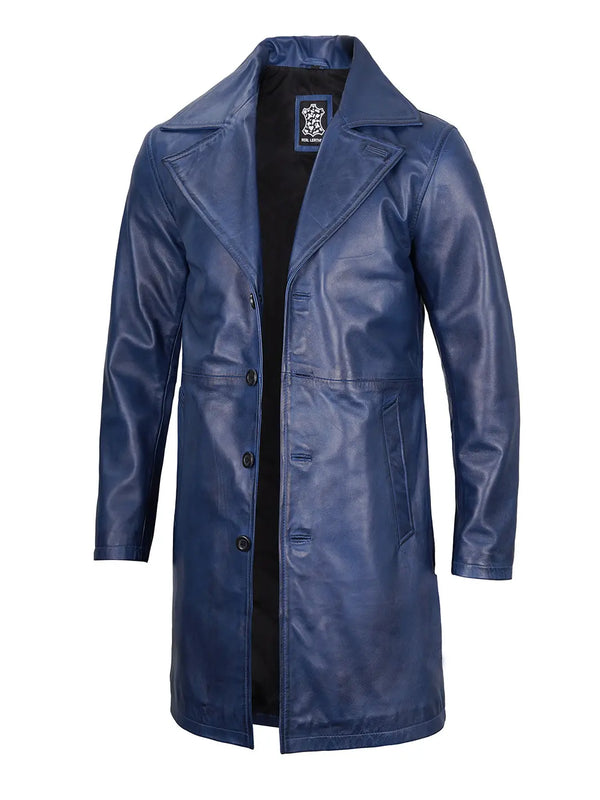 Blue leather car coat