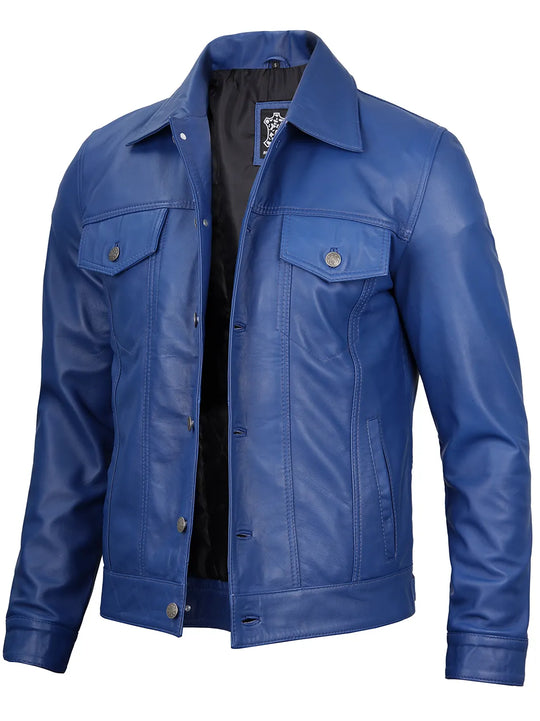 Blue leather jacket for mens
