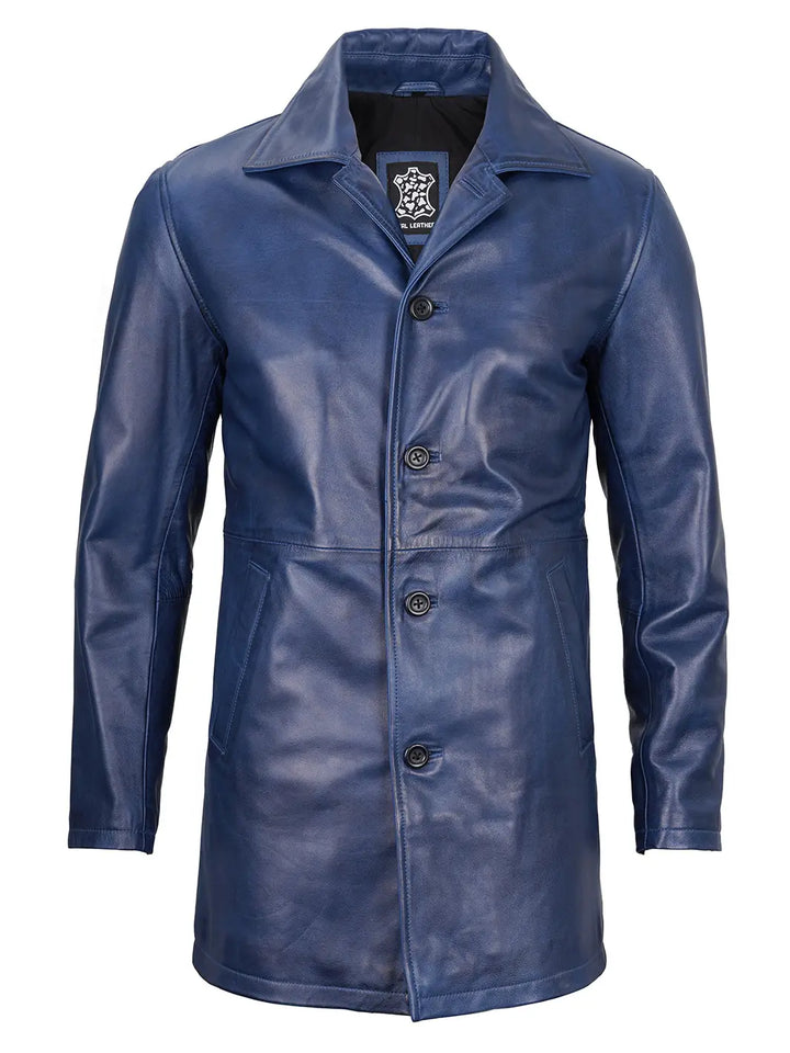 Blue wax leather car coat mens