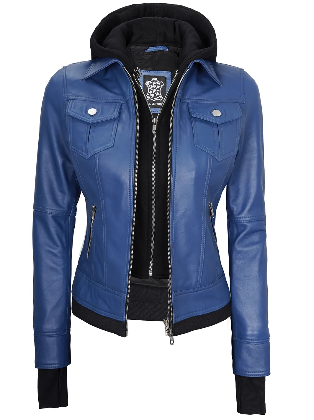 Betty Blue Leather Bomber Jacket With Removable Hood Decrum