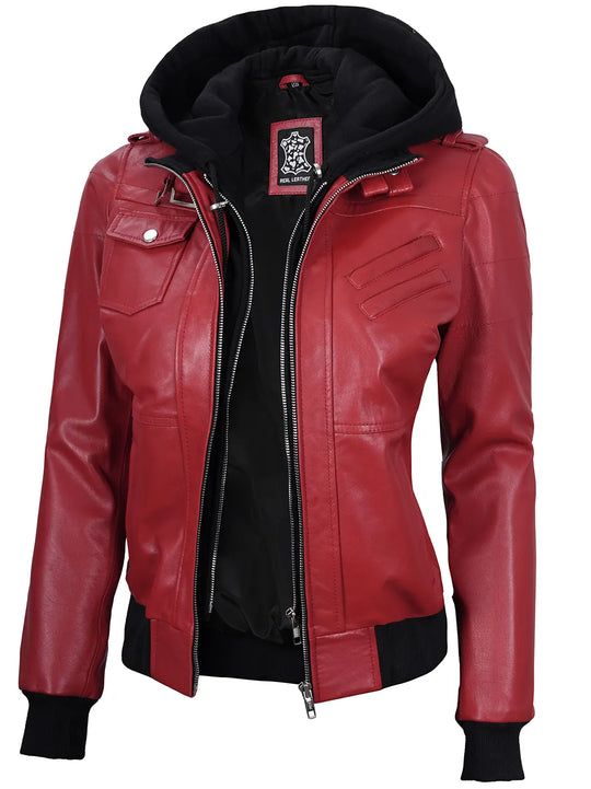 Bomber leather jacket with hood