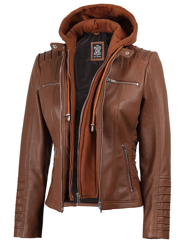 Brown Leather Jacket With Hood for Womens 