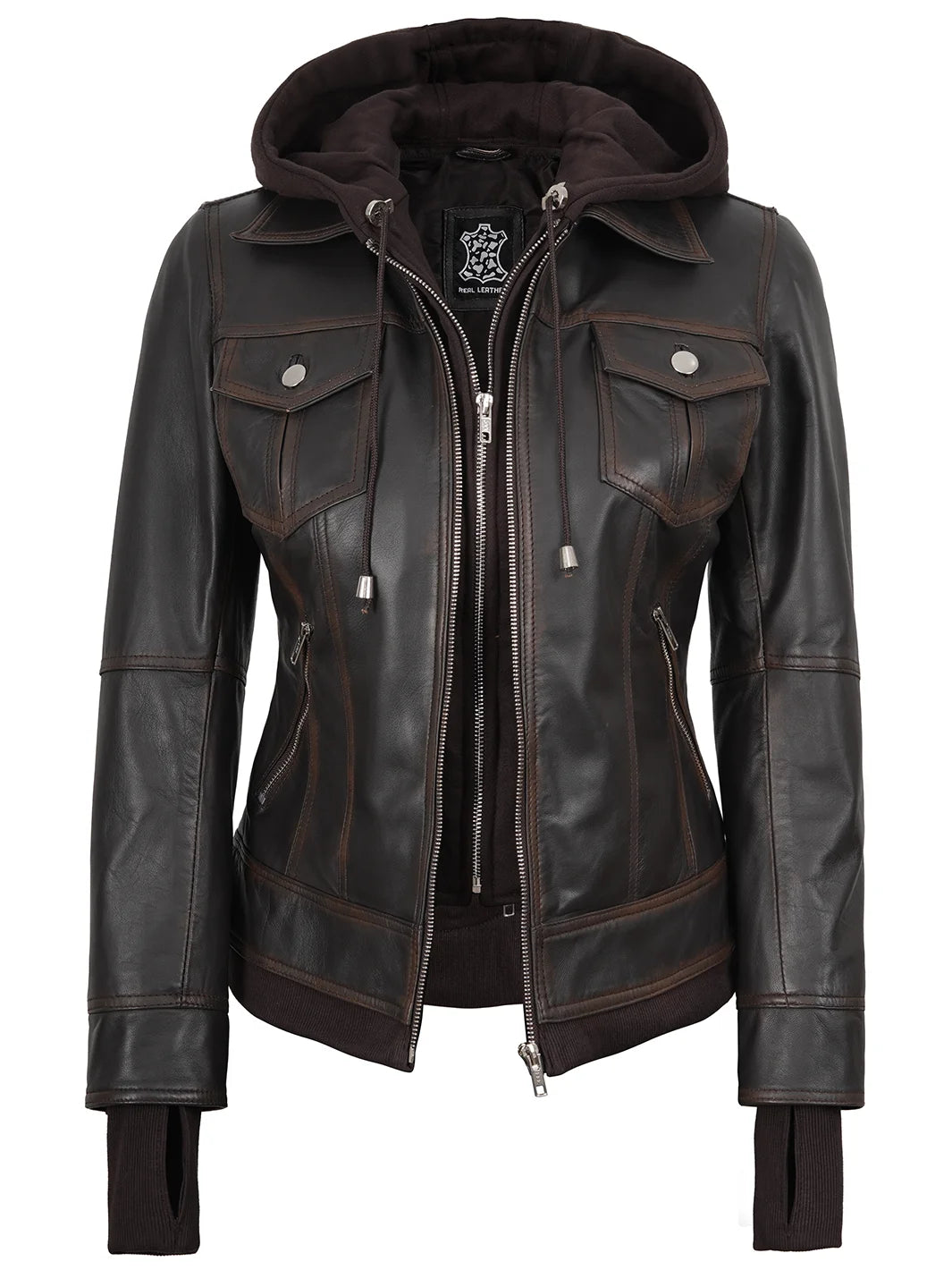 Brown Leather Jacket Womens Hooded