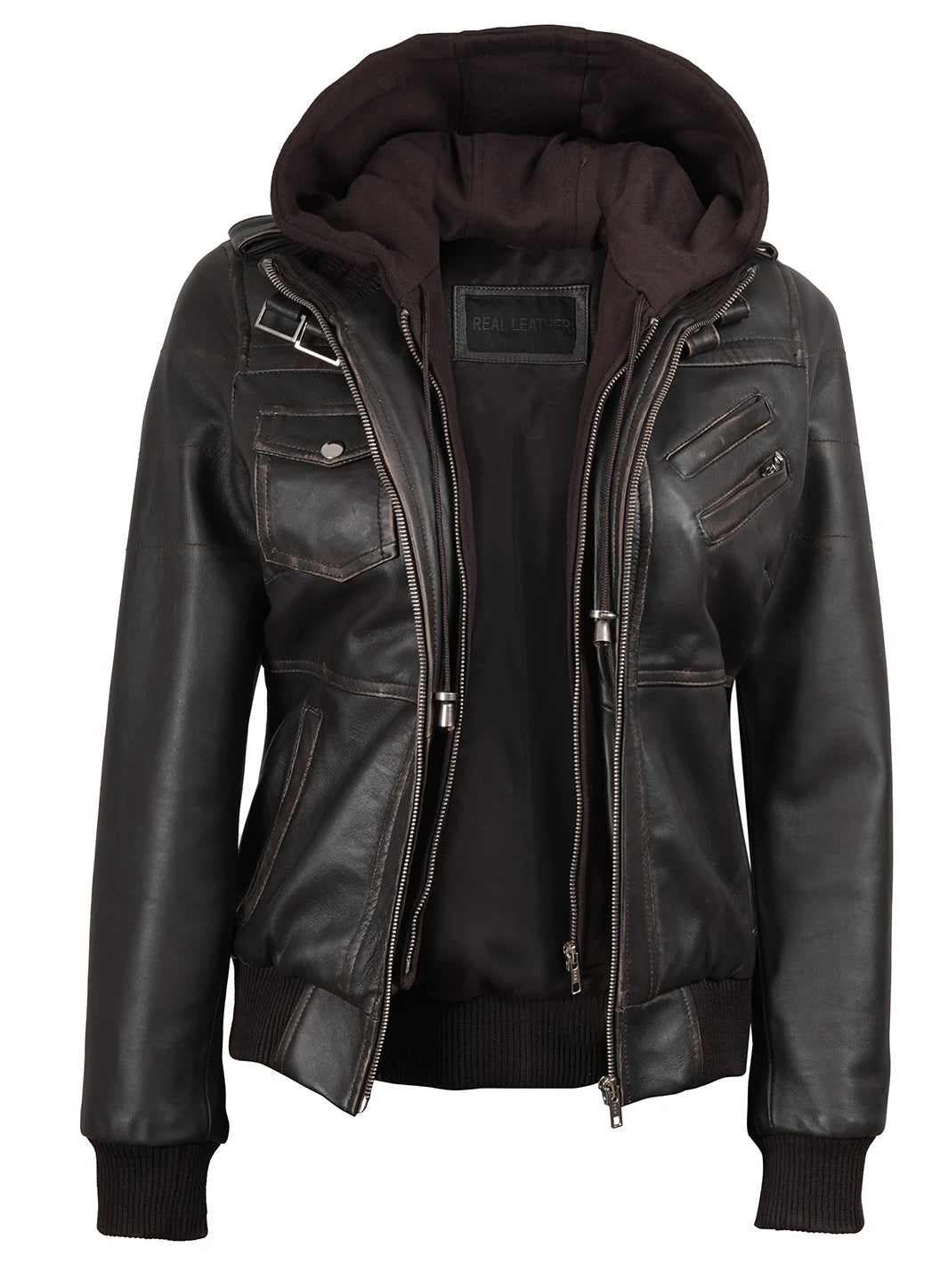 Brown Leather Jacket with Removable Hood for Womens 