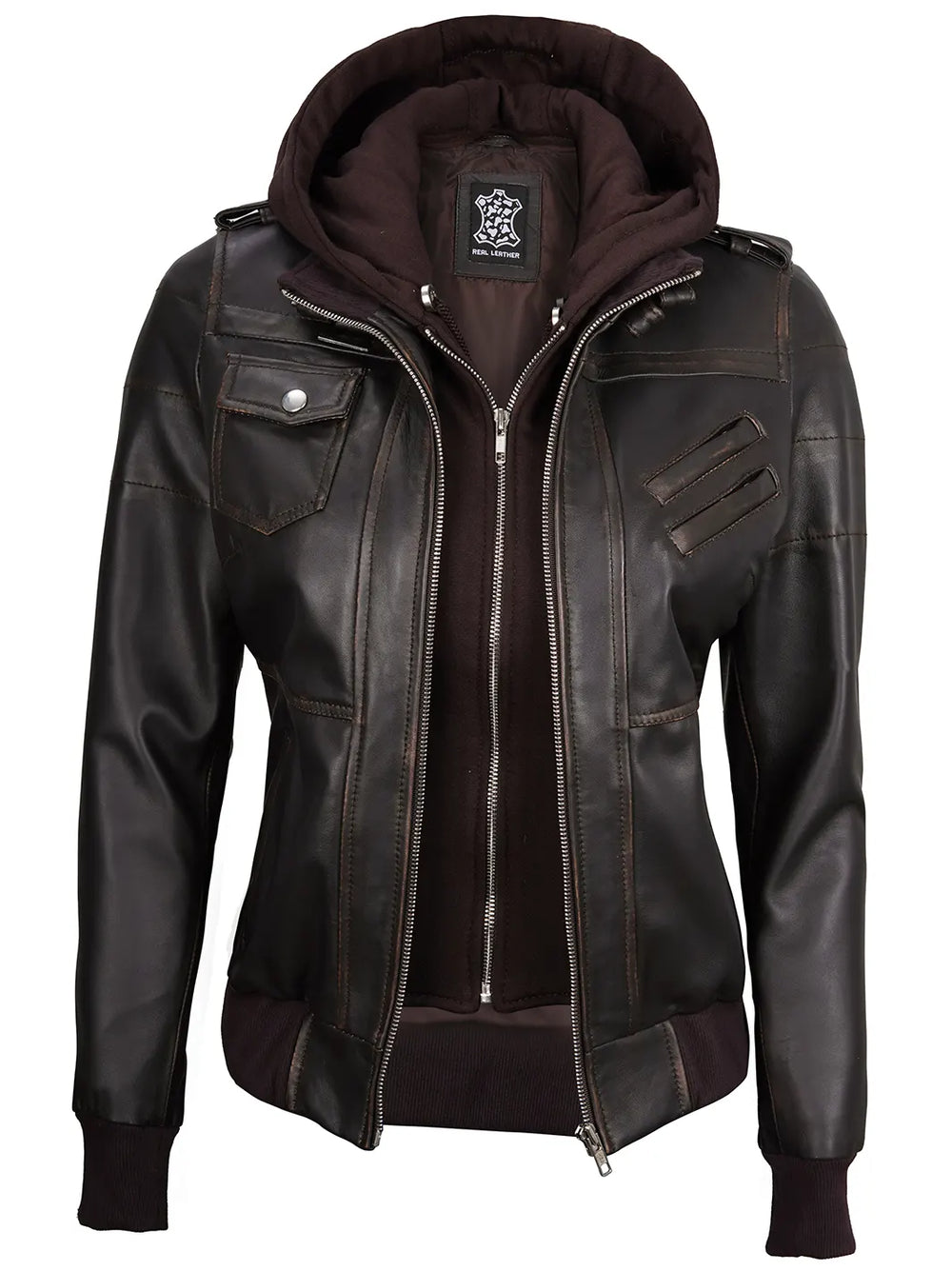 Leather bomber with hood best sale