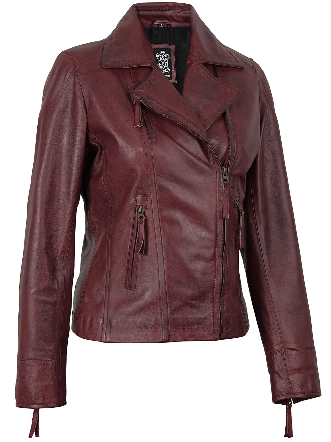 Burgundy Asymmetrical Leather Moto Jackets Womens