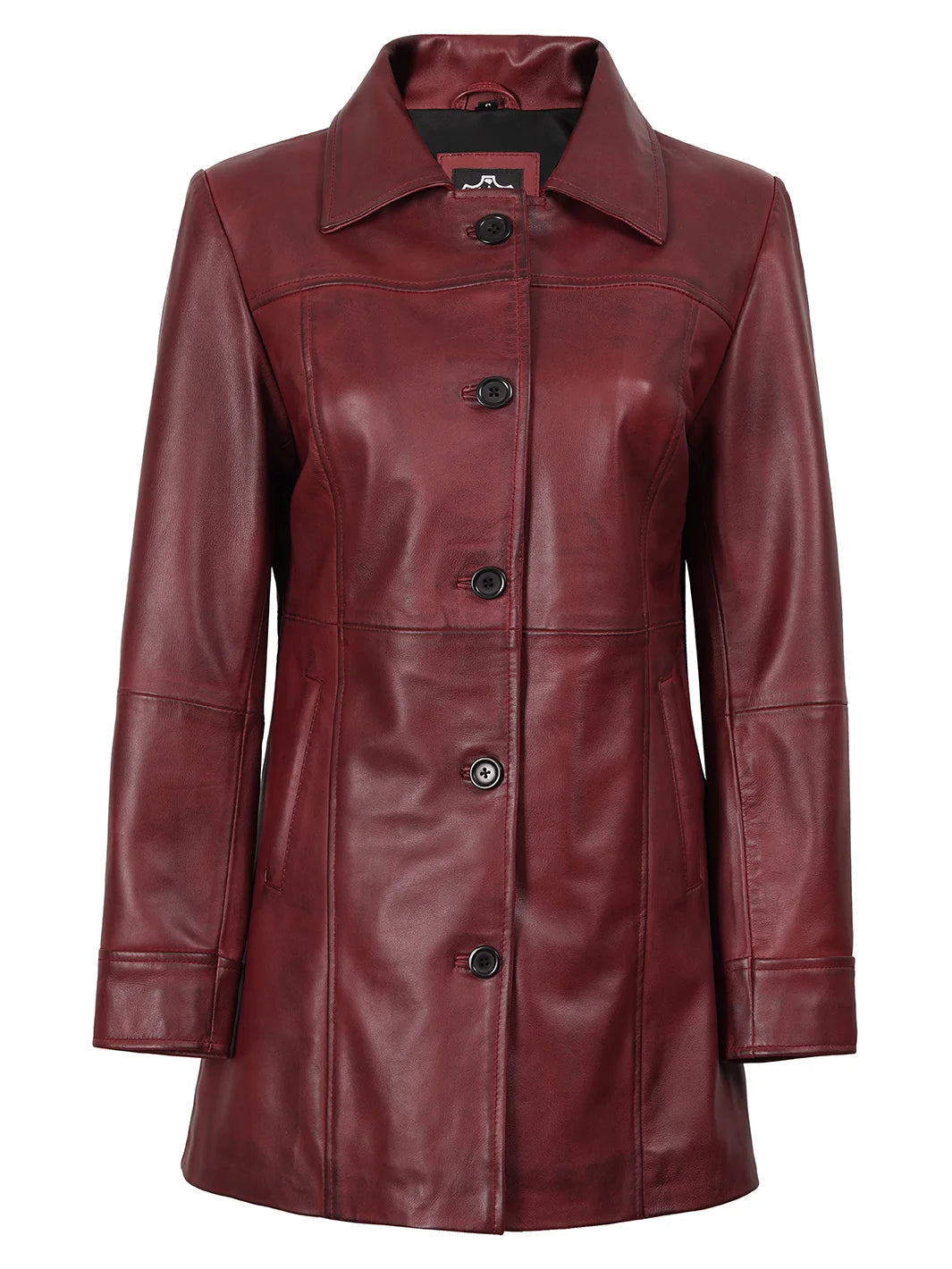 Burgundy Real Leather Car Coat Womens 