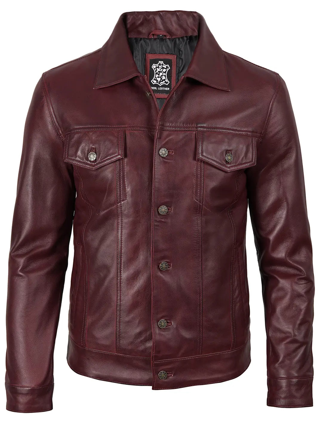 Mens Burgundy Real Leather Trucker Jackets