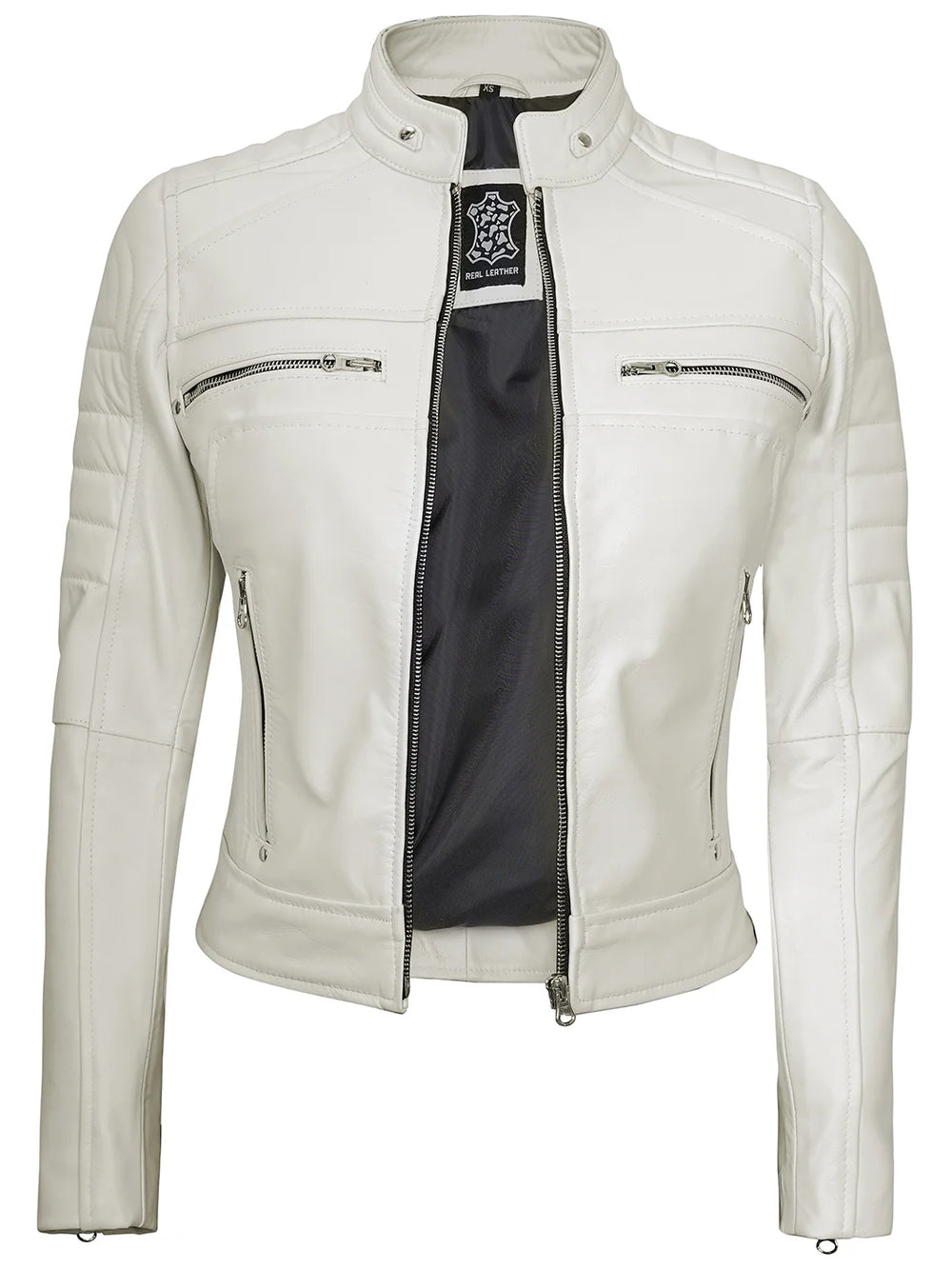 Austin Off White Cafe Racer Leather Jacket for Women Decrum