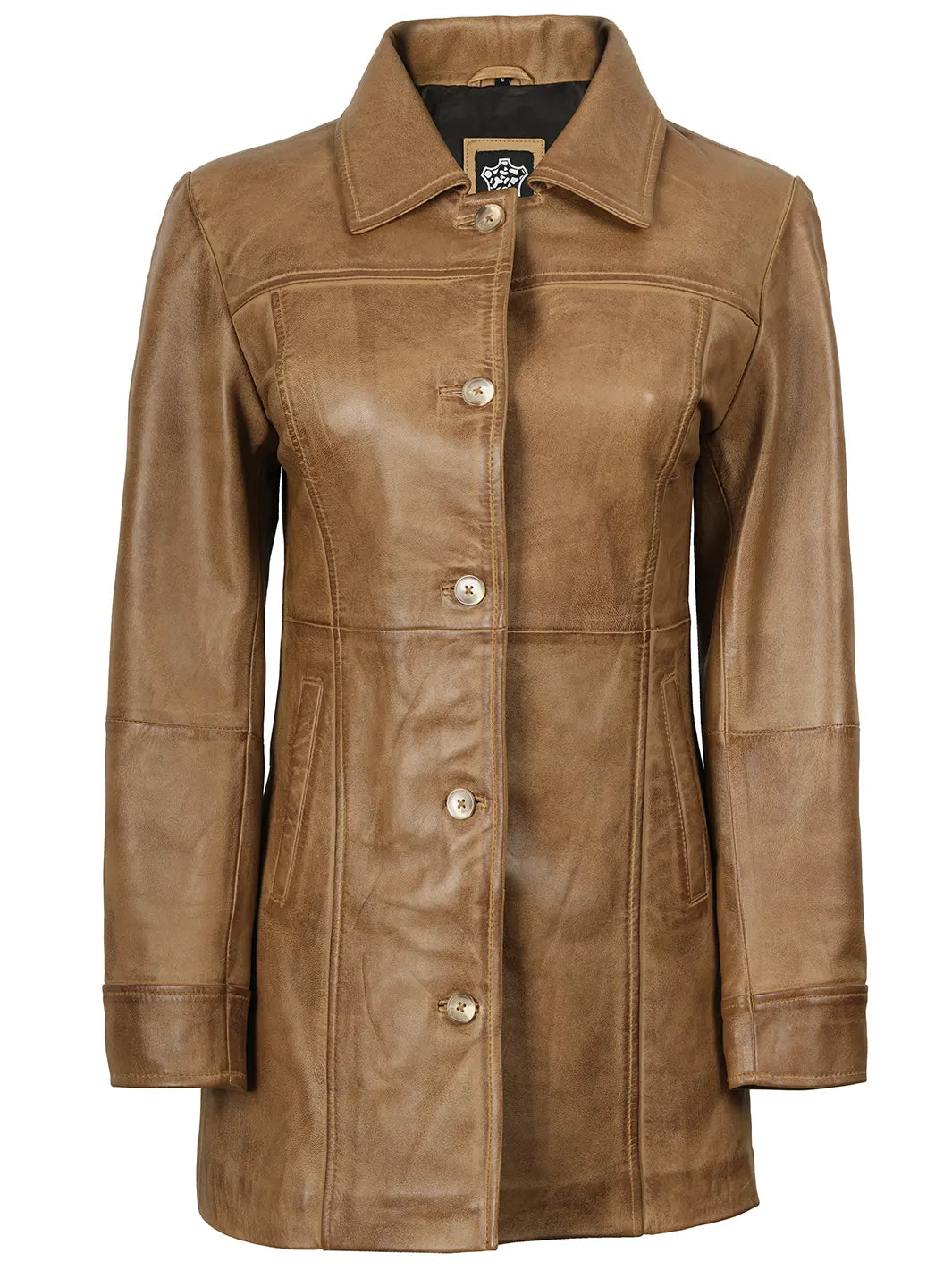 Camel Brown Real Leather Car Coat for Womens