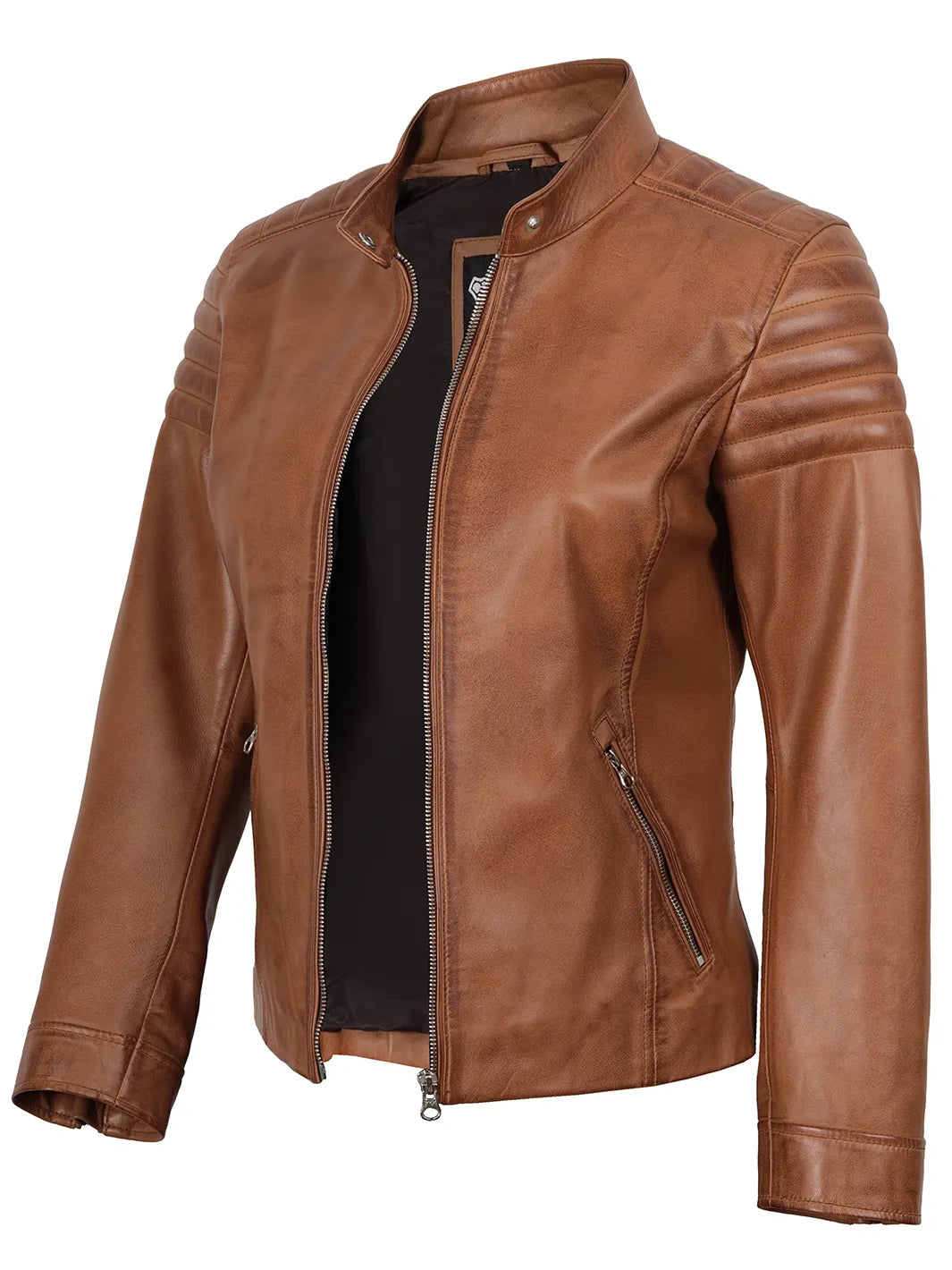 Tan Brown Cafe Racer Leather Jacket Womens