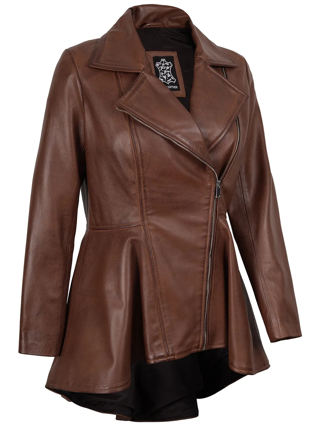 Clarissa Cognac Brown Peplum Leather Jacket For Women