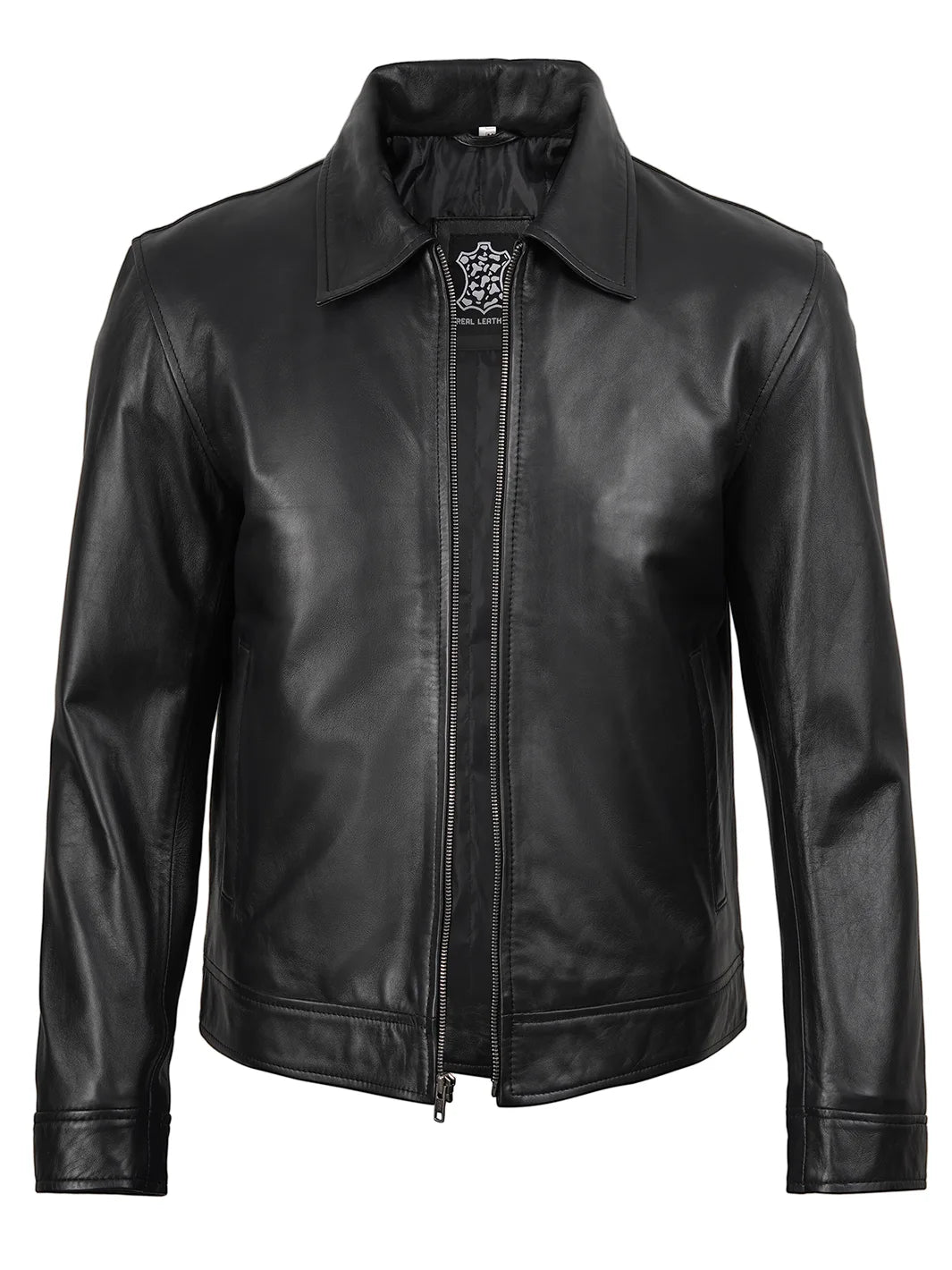 Classic Harrington Black Real Leather Jacket For Men