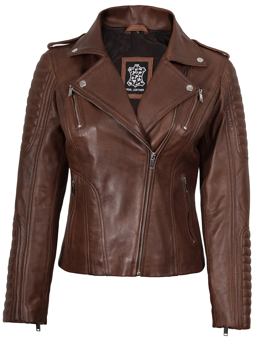 Cognac Biker Leather Jacket With Removable Hood Womens