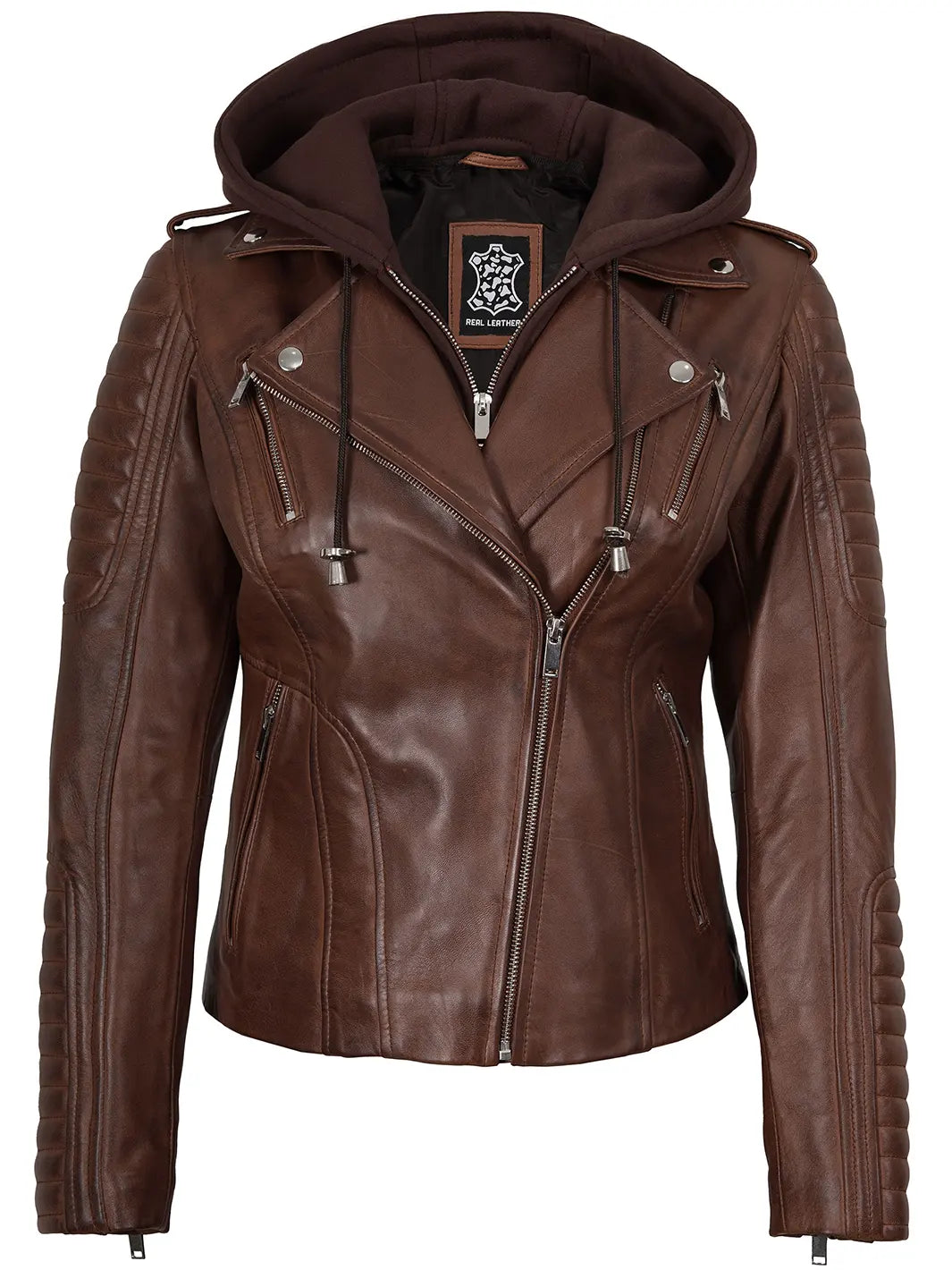 Cognac Biker Leather Jacket With Removable Hood Womens