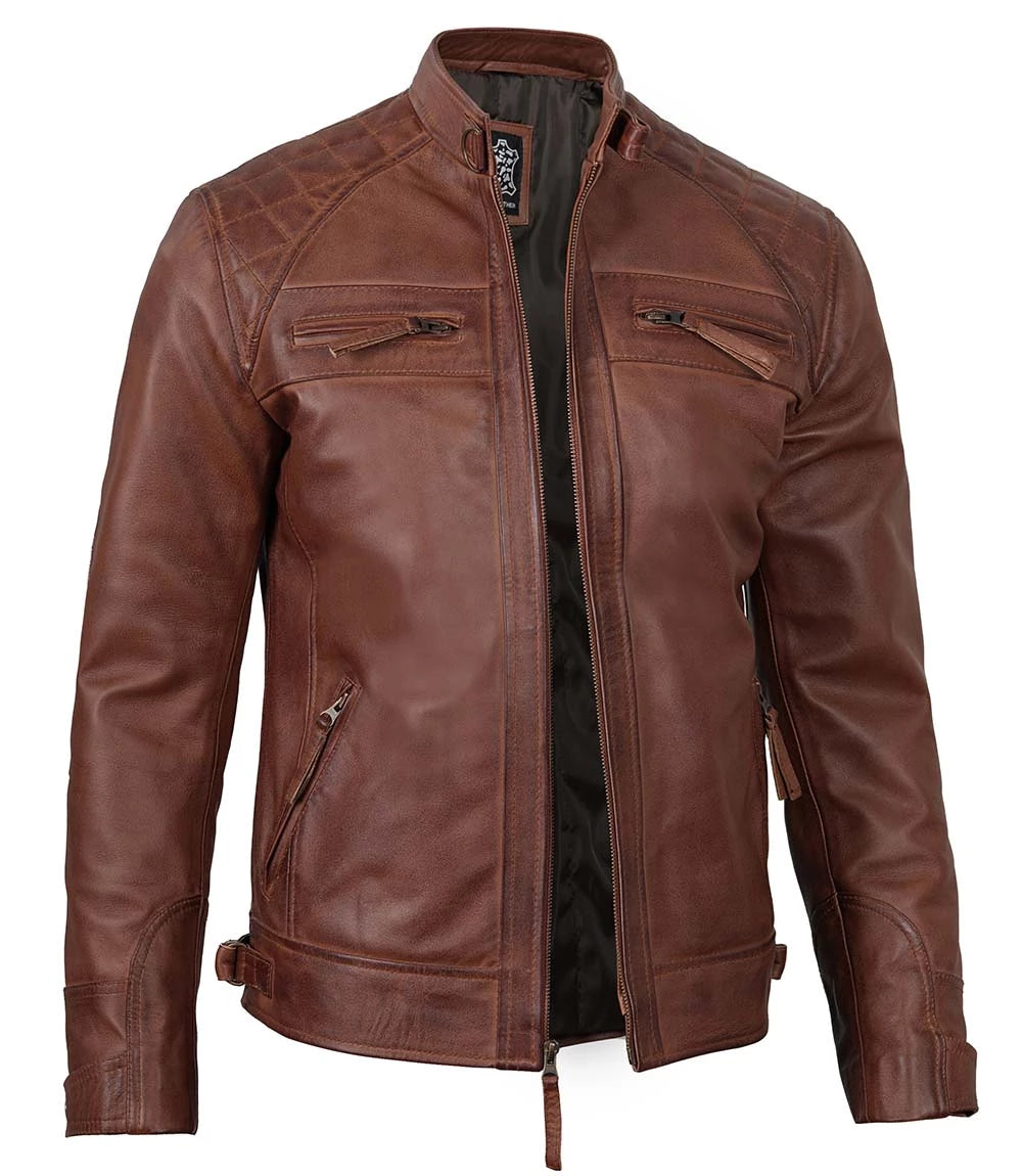 Cognac Black Biker Leather Jacket
