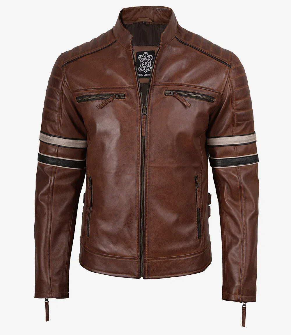 decrumnew Men's Cognac Brown Leather Racer Jacket with Black and Beige Stripes