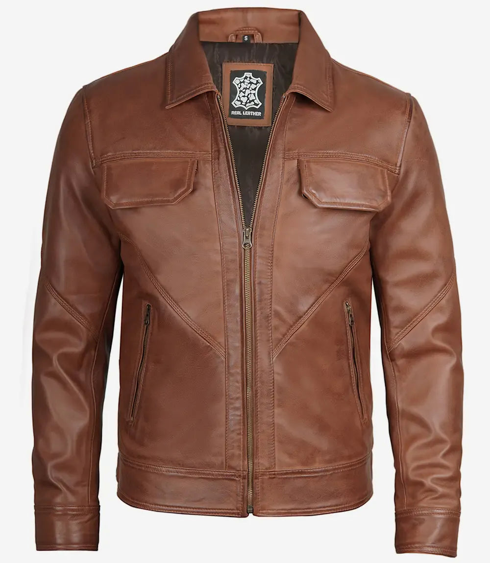 Decrum Men's Cognac Brown Lambskin Leather Jacket Shirt Collar