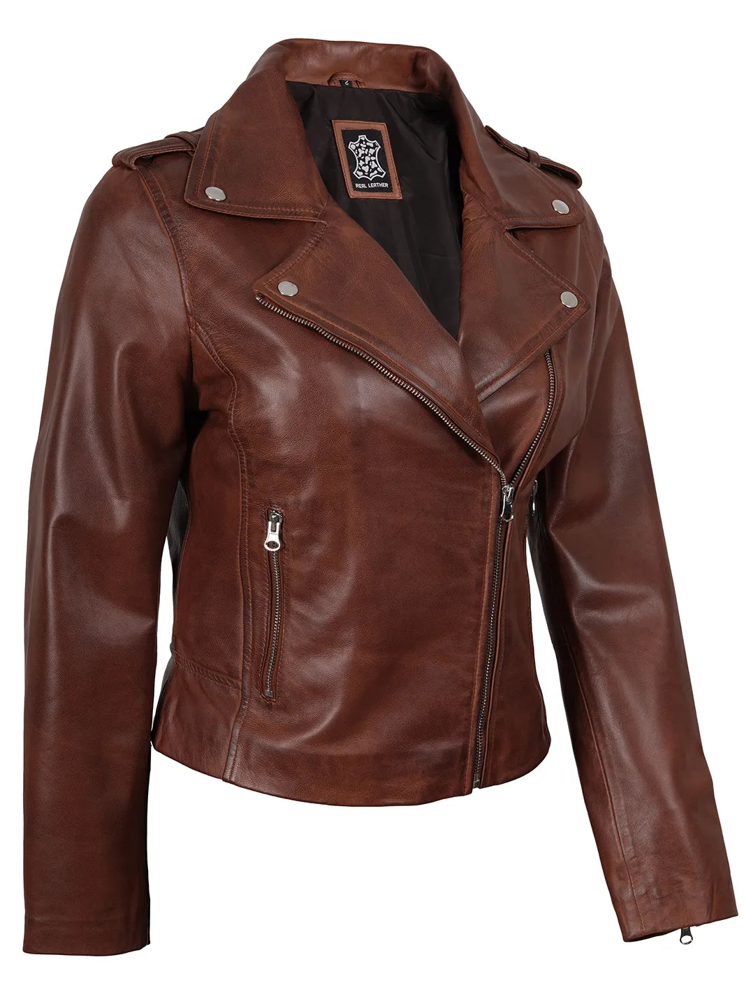 Cognac Wax Motorcycle Leather Jacket Womens