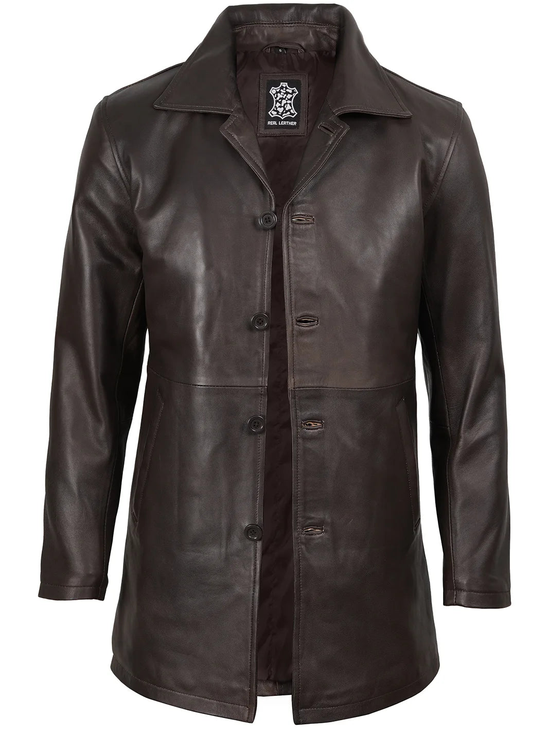 Dark Brown Leather Car Coat for Mens 