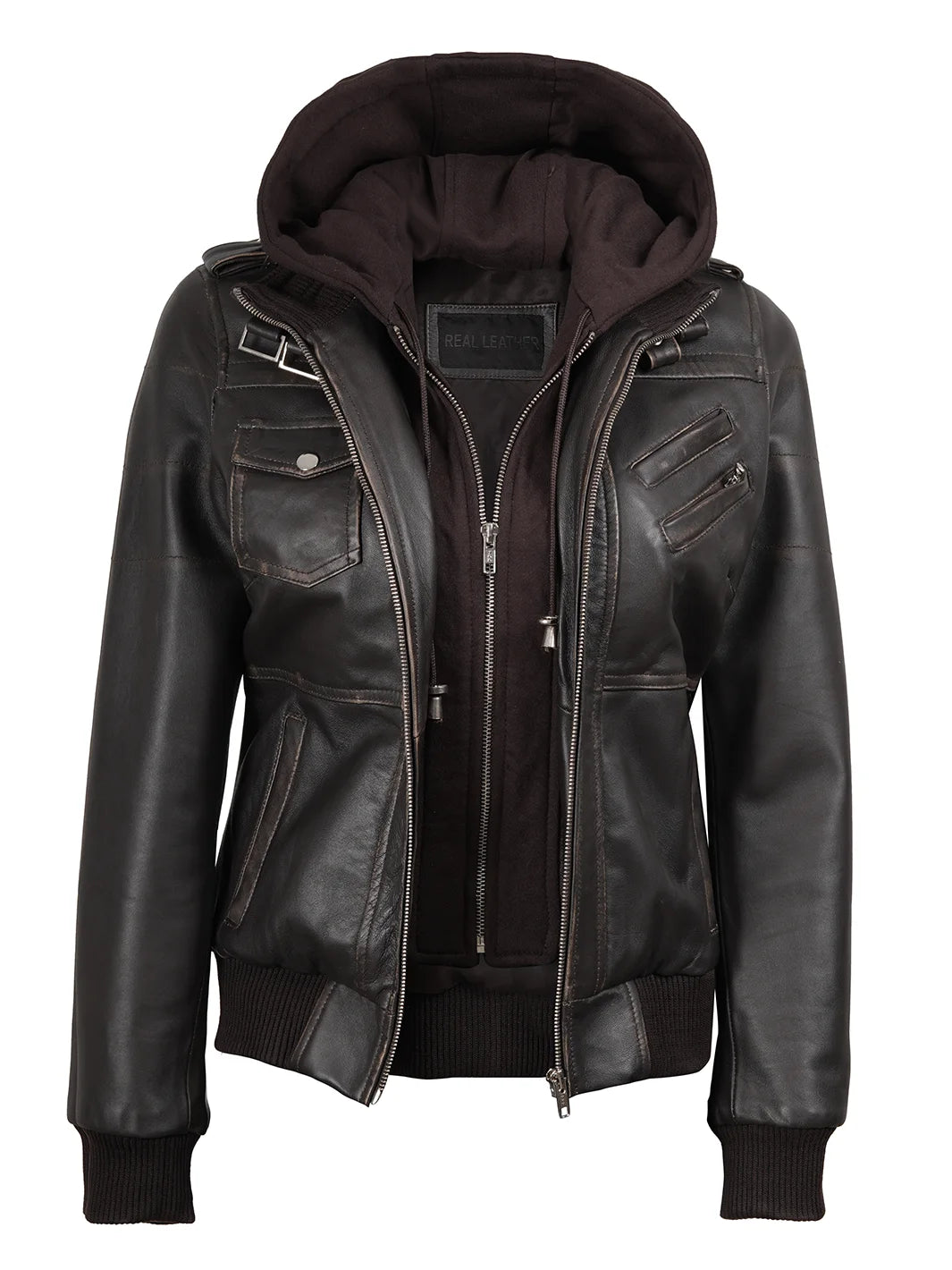 Dark Brown Leather Jacket with Hood Womens 