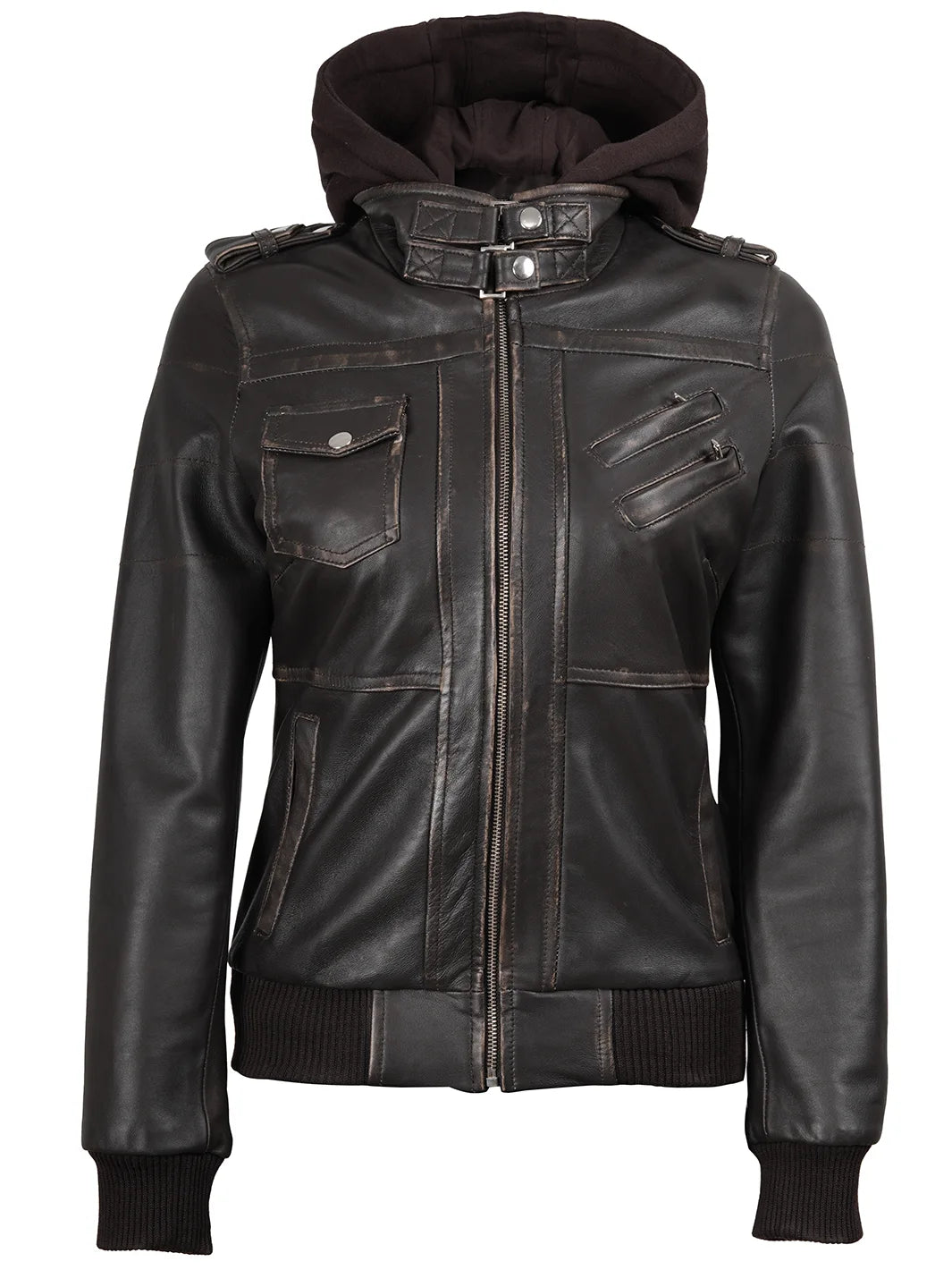 Dark Brown Leather Jacket with Removable Hood for Womens 
