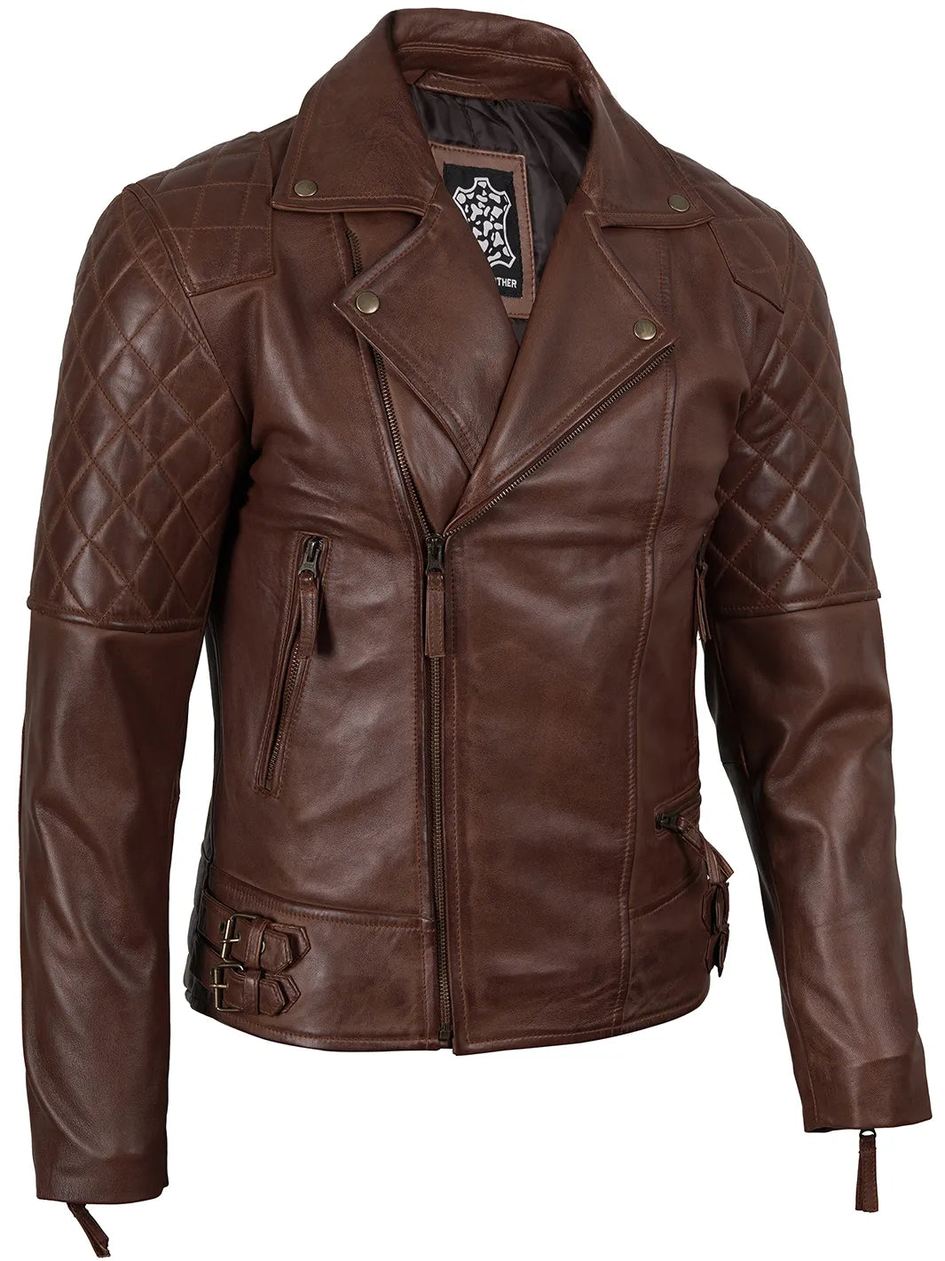 Dark Brown Quilted Asymmetrical Leather Biker Jacket Mens