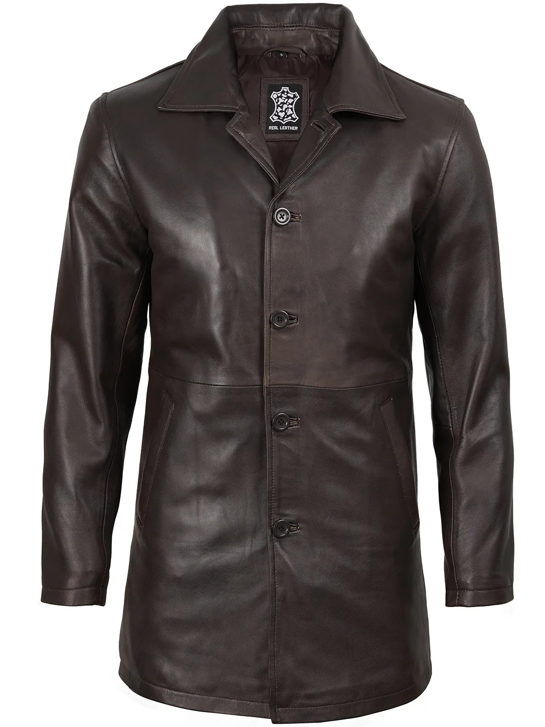 Dark Brown Real Leather Car Coat for Mens 