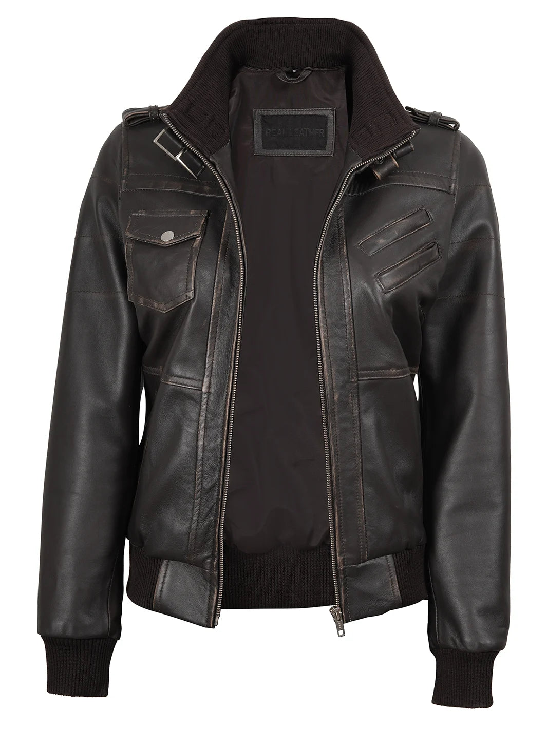 Dark Brown Rub Off Leather Jacket with Removable Hood Womens 