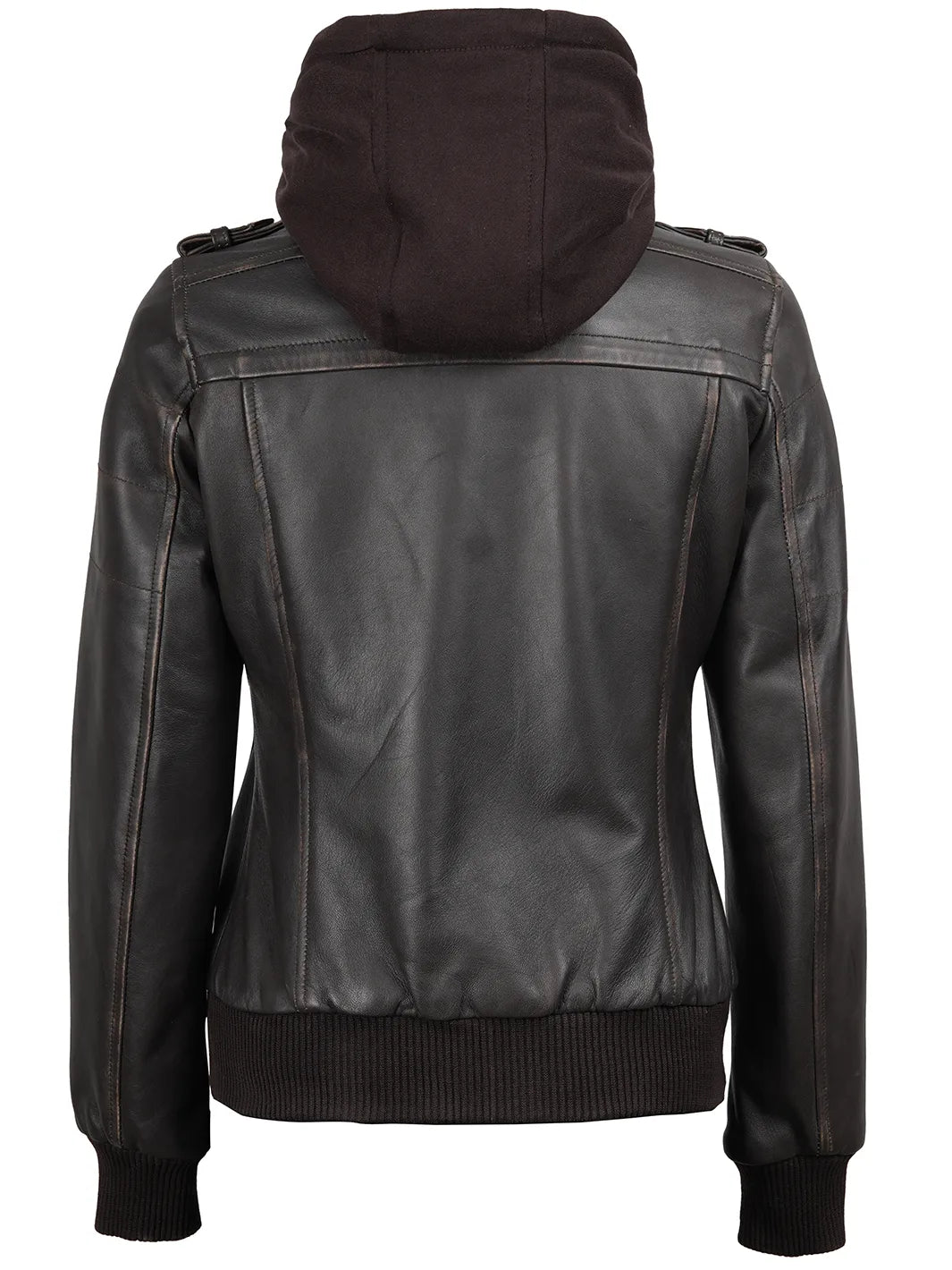 Dark Brown Rub Off Leather Jacket with Removable Hood for Womens 