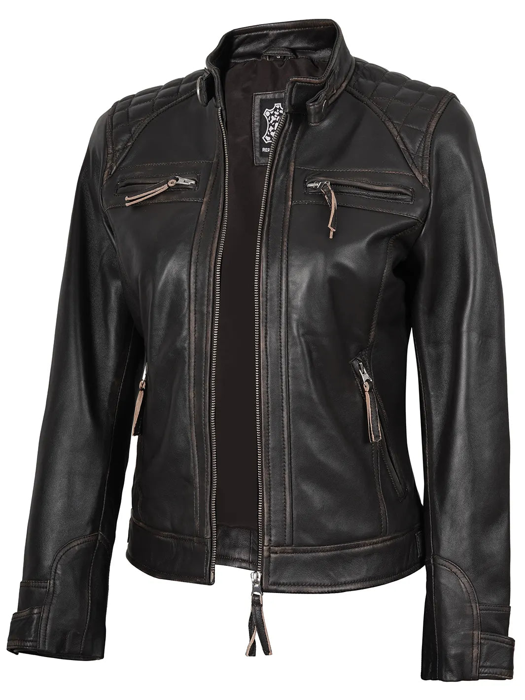 Diamond Women Rub Off Brown Leather Jacket
