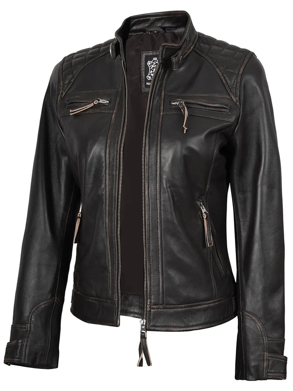 Diamond Women Rub Off Brown Leather Jacket